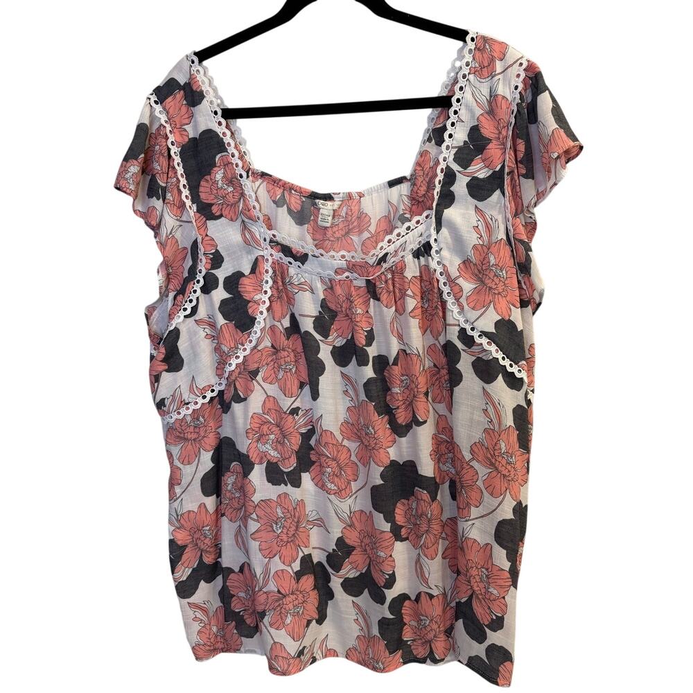 Cato Pink Floral Flutter Sleeve Square Neck Eyelet Trim Blouse Plus Size 22 / 24